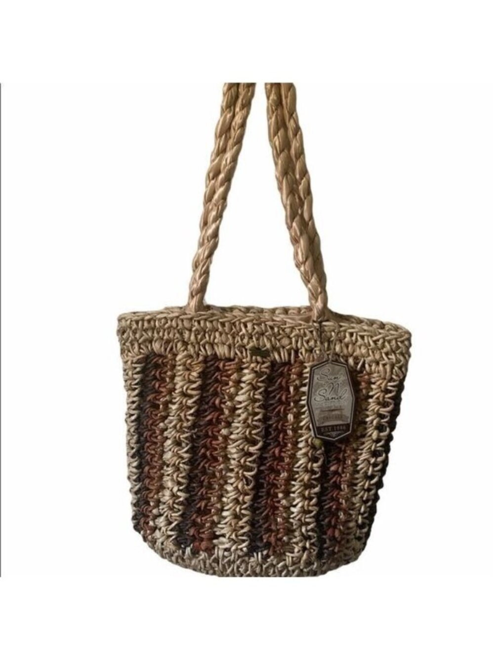 Sun ‘N’ Sand Brown and Tan Straw Shoulder Bag Tote Purse NWT